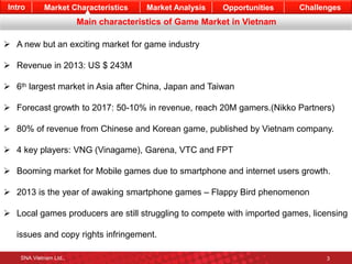 Intro Market Characteristics Market Analysis Opportunities Challenges 
Main characteristics of Game Market in Vietnam 
 A new but an exciting market for game industry 
 Revenue in 2013: US $ 243M 
 6th largest market in Asia after China, Japan and Taiwan 
 Forecast growth to 2017: 50-10% in revenue, reach 20M gamers.(Nikko Partners) 
 80% of revenue from Chinese and Korean game, published by Vietnam company. 
 4 key players: VNG (Vinagame), Garena, VTC and FPT 
 Booming market for Mobile games due to smartphone and internet users growth. 
 2013 is the year of awaking smartphone games – Flappy Bird phenomenon 
 Local games producers are still struggling to compete with imported games, licensing 
issues and copy rights infringement. 
SNA Vietnam Ltd., 3 
 