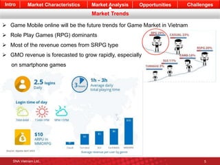 Intro Market Characteristics Market Analysis Opportunities Challenges 
Market Trends 
 Game Mobile online will be the future trends for Game Market in Vietnam 
 Role Play Games (RPG) dominants 
 Most of the revenue comes from SRPG type 
 GMO revenue is forecasted to grow rapidly, especially 
on smartphone games 
SNA Vietnam Ltd., 5 
 