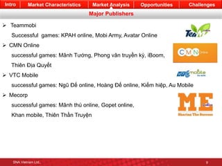 Intro Market Characteristics Market Analysis Opportunities Challenges 
Major Publishers 
 Teammobi 
Successful games: KPAH online, Mobi Army, Avatar Online 
 CMN Online 
successful games: Mãnh Tướng, Phong vân truyền kỳ, iBoom, 
Thiên Địa Quyết 
 VTC Mobile 
successful games: Ngũ Đế online, Hoàng Đế online, Kiếm hiệp, Au Mobile 
 Mecorp 
successful games: Mãnh thú online, Gopet online, 
Khan mobile, Thiên Thần Truyện 
SNA Vietnam Ltd., 9 
 