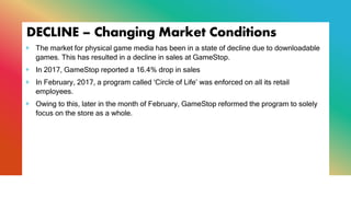 DECLINE – Changing Market Conditions
+ The market for physical game media has been in a state of decline due to downloadable
games. This has resulted in a decline in sales at GameStop.
+ In 2017, GameStop reported a 16.4% drop in sales
+ In February, 2017, a program called ‘Circle of Life’ was enforced on all its retail
employees.
+ Owing to this, later in the month of February, GameStop reformed the program to solely
focus on the store as a whole.
 