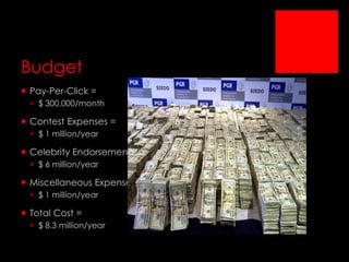 Budget
 Pay-Per-Click =
 $ 300,000/month

 Contest Expenses =
 $ 1 million/year

 Celebrity Endorsements =
 $ 6 million/year

 Miscellaneous Expenses =
 $ 1 million/year

 Total Cost =
 $ 8.3 million/year

 