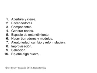 1. Apertura y cierre.
2. Encendedores.
3. Componentes.
4. Generar nodos.
5. Espacio de entendimiento.
6. Hacer borradores y modelos.
7. Aleatoriedad, cambio y reformulación.
8. Improvisación.
9. Selección.
10. Pruebe algo nuevo.
Gray, Brown y Macanufo (2012). Gamestorming.
 