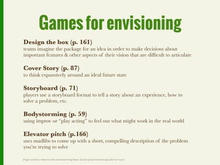 Games for envisioning
Design the box (p. 161)
teams imagine the package for an idea in order to make decisions about
important features & other aspects of their vision that are difﬁcult to articulate

Cover Story (p. 87)
to think expansively around an ideal future state

Storyboard (p. 71)
players use a storyboard format to tell a story about an experience, how to
solve a problem, etc.

Bodystorming (p. 59)
using improv or “play acting” to feel out what might work in the real world

Elevator pitch (p.166)
uses madlibs to come up with a short, compelling description of the problem
you’re trying to solve

(Page numbers reference the Gamestorming Book. See bit.ly/GamestormingGuide for more)
 