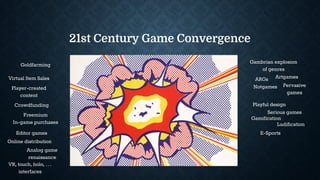 21st Century Game Convergence
Goldfarming
Freemium
In-game purchases
Crowdfunding
Player-created
content
Gambrian explosion
of genres
Online distribution
VR, touch, holo, …
interfaces
Playful design
E-Sports
Analog game
renaissance
Virtual Item Sales
Editor games
ARGs Artgames
Notgames Pervasive
games
Serious games
Gamification
Ludification
 