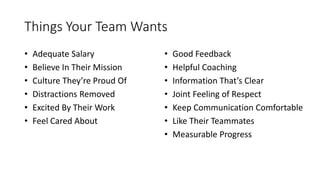 Things Your Team Wants
• Adequate Salary
• Believe In Their Mission
• Culture They’re Proud Of
• Distractions Removed
• Excited By Their Work
• Feel Cared About
• Good Feedback
• Helpful Coaching
• Information That’s Clear
• Joint Feeling of Respect
• Keep Communication Comfortable
• Like Their Teammates
• Measurable Progress
 