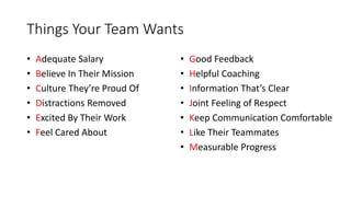 Things Your Team Wants
• Adequate Salary
• Believe In Their Mission
• Culture They’re Proud Of
• Distractions Removed
• Excited By Their Work
• Feel Cared About
• Good Feedback
• Helpful Coaching
• Information That’s Clear
• Joint Feeling of Respect
• Keep Communication Comfortable
• Like Their Teammates
• Measurable Progress
 