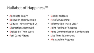 Halfabet of Happiness™
• Adequate Salary
• Believe In Their Mission
• Culture They’re Proud Of
• Distractions Removed
• Excited By Their Work
• Feel Cared About
• Good Feedback
• Helpful Coaching
• Information That’s Clear
• Joint Feeling of Respect
• Keep Communication Comfortable
• Like Their Teammates
• Measurable Progress
 