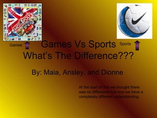 Games Vs Sports
What’s The Difference???
By: Maia, Ansley, and Dionne
Games Sports
At the start of this we thought there
was no difference but now we have a
completely different understanding.
 
