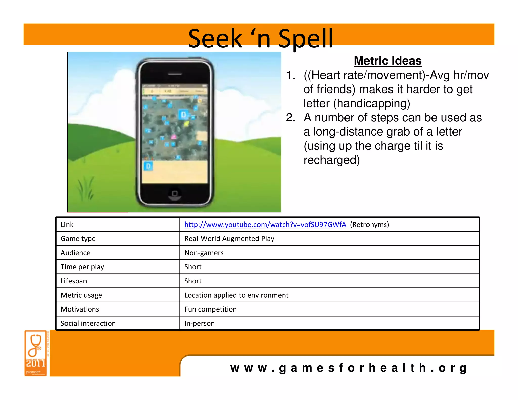 Seek ‘n Spell
                                                                 Metric Ideas
                                                   1. ((Heart rate/movement)-Avg hr/mov
                                                      of friends) makes it harder to get
                                                      letter (handicapping)
                                                   2. A number of steps can be used as
                                                      a long-distance grab of a letter
                                                      (using up the charge til it is
                                                      recharged)




Link                 http://www.youtube.com/watch?v=vofSU97GWfA (Retronyms)
Game type            Real-World Augmented Play
Audience             Non-gamers
Time per play        Short
Lifespan             Short
Metric usage         Location applied to environment
Motivations          Fun competition
Social interaction   In-person




                                  www.gamesforhealth.org
 