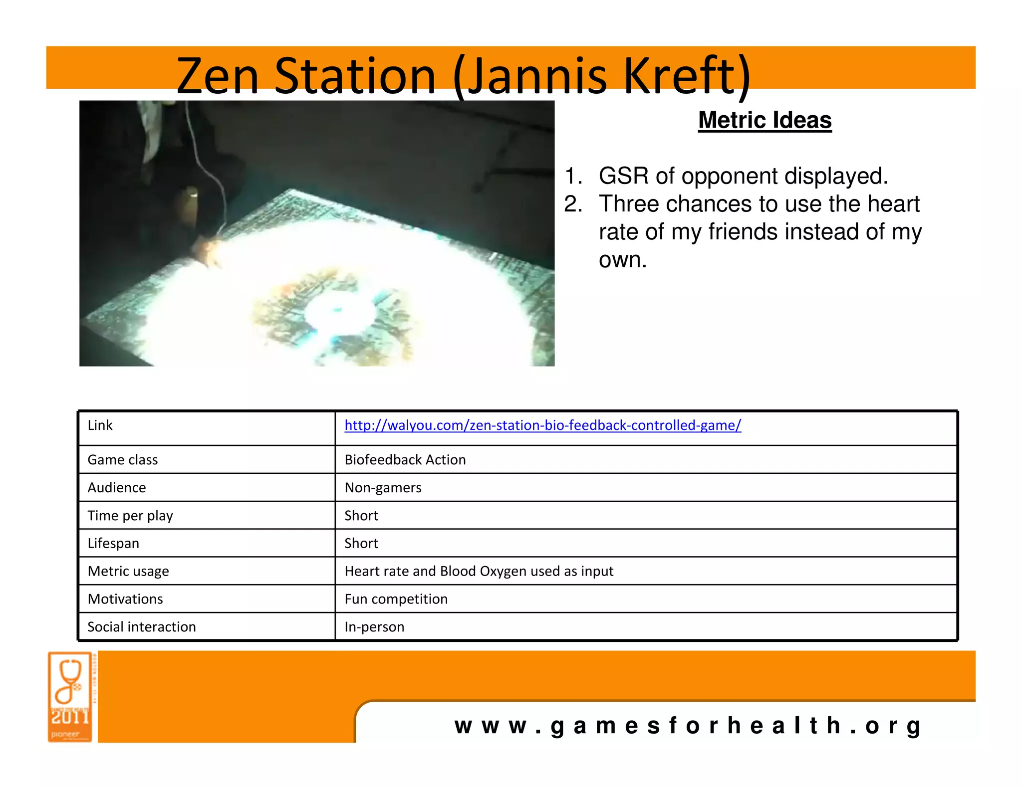 Zen Station (Jannis Kreft)
                                                                           Metric Ideas

                                                        1. GSR of opponent displayed.
                                                        2. Three chances to use the heart
                                                           rate of my friends instead of my
                                                           own.




Link                   http://walyou.com/zen-station-bio-feedback-controlled-game/

Game class             Biofeedback Action
Audience               Non-gamers
Time per play          Short
Lifespan               Short
Metric usage           Heart rate and Blood Oxygen used as input
Motivations            Fun competition
Social interaction     In-person




                                         www.gamesforhealth.org
 