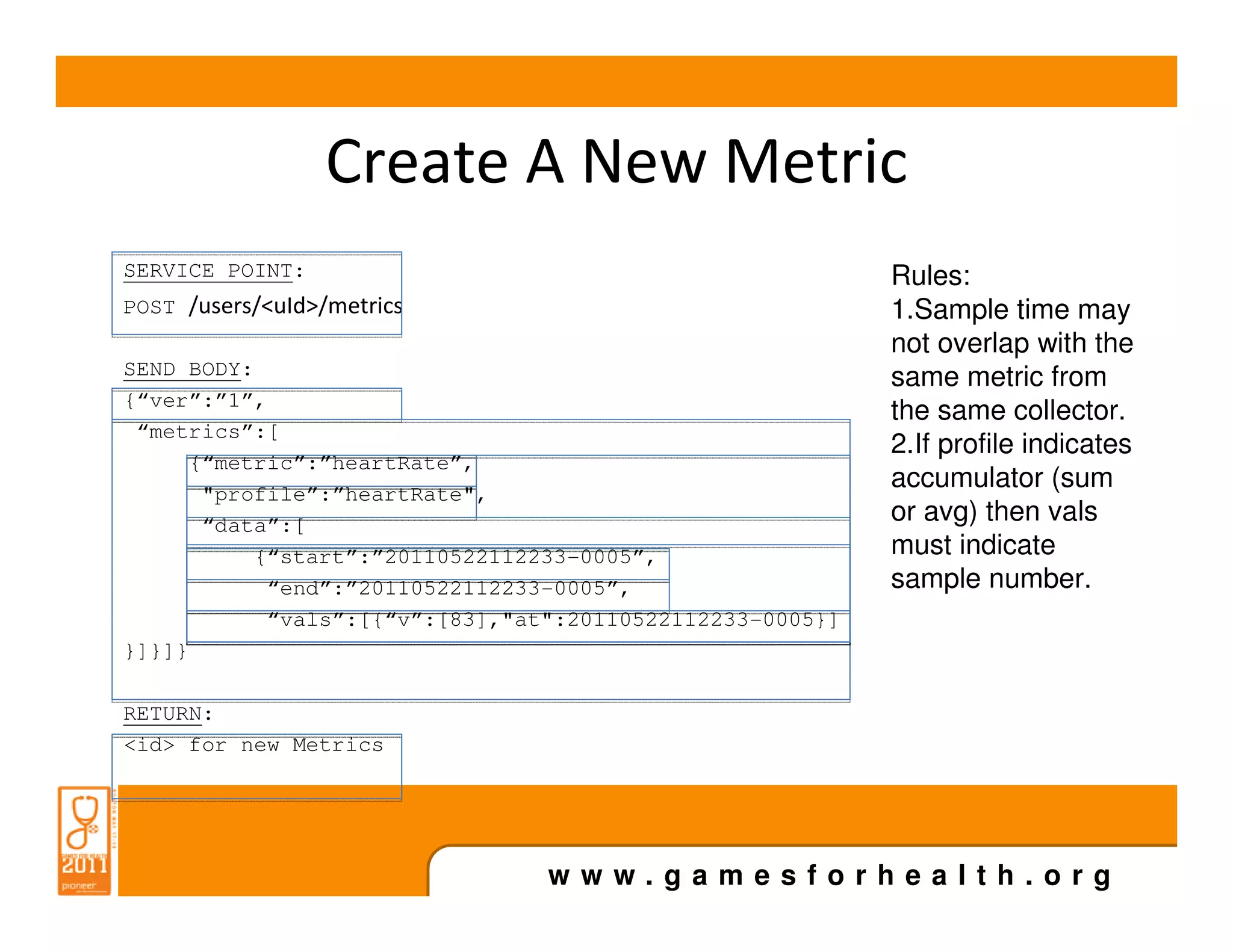 Create A New Metric
SERVICE POINT:                                            Rules:
POST /users/<uId>/metrics                                 1.Sample time may
                                                          not overlap with the
SEND BODY:                                                same metric from
{“ver”:”1”,
                                                          the same collector.
 “metrics”:[
                                                          2.If profile indicates
     {“metric”:”heartRate”,
      "profile”:”heartRate",
                                                          accumulator (sum
      “data”:[
                                                          or avg) then vals
          {“start”:”20110522112233-0005”,                 must indicate
           “end”:”20110522112233-0005”,                   sample number.
           “vals”:[{“v”:[83],"at":20110522112233-0005}]
}]}]}

RETURN:
<id> for new Metrics




                                www.gamesforhealth.org
 