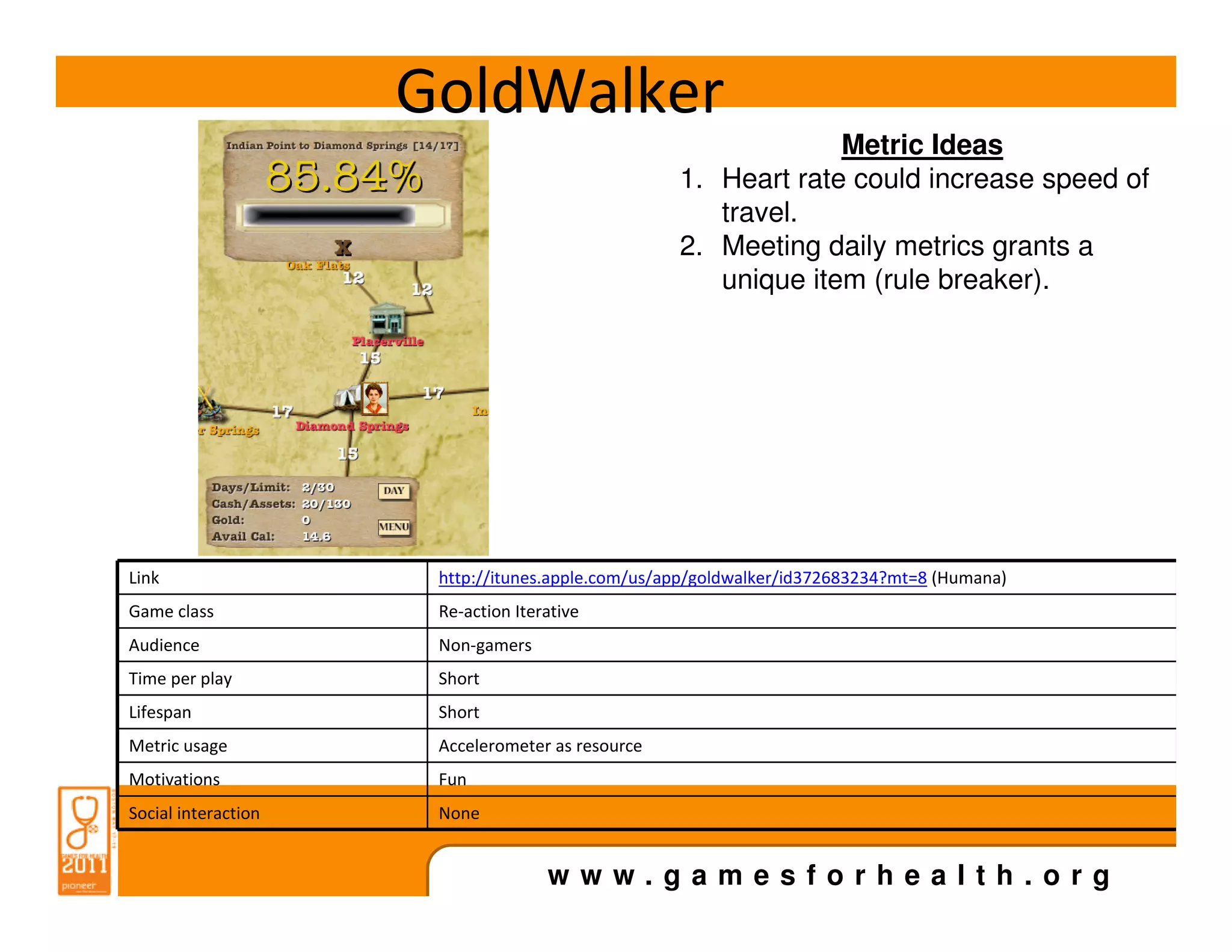 GoldWalker
                                                               Metric Ideas
                                                  1. Heart rate could increase speed of
                                                     travel.
                                                  2. Meeting daily metrics grants a
                                                     unique item (rule breaker).




Link                  http://itunes.apple.com/us/app/goldwalker/id372683234?mt=8 (Humana)
Game class            Re-action Iterative
Audience              Non-gamers
Time per play         Short
Lifespan              Short
Metric usage          Accelerometer as resource
Motivations           Fun
Social interaction    None


                                    www.gamesforhealth.org
 
