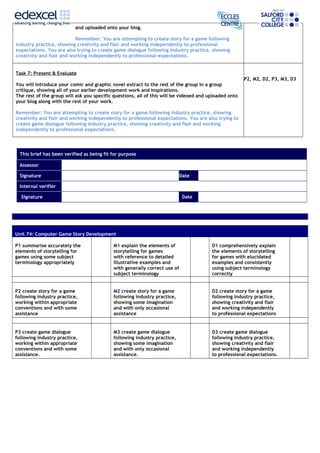 and uploaded onto your blog.
Remember: You are attempting to create story for a game following
industry practice, showing creativity and flair and working independently to professional
expectations. You are also trying to create game dialogue following industry practice, showing
creativity and flair and working independently to professional expectations.
Task 7: Present & Evaluate
You will introduce your comic and graphic novel extract to the rest of the group in a group
critique, showing all of your earlier development work and inspirations.
The rest of the group will ask you specific questions, all of this will be videoed and uploaded onto
your blog along with the rest of your work.
Remember: You are attempting to create story for a game following industry practice, showing
creativity and flair and working independently to professional expectations. You are also trying to
create game dialogue following industry practice, showing creativity and flair and working
independently to professional expectations.
P2, M2, D2, P3, M3, D3
This brief has been verified as being fit for purpose
Assessor
Signature Date
Internal verifier
Signature Date
Unit 74: Computer Game Story Development
P1 summarise accurately the
elements of storytelling for
games using some subject
terminology appropriately
M1 explain the elements of
storytelling for games
with reference to detailed
illustrative examples and
with generally correct use of
subject terminology
D1 comprehensively explain
the elements of storytelling
for games with elucidated
examples and consistently
using subject terminology
correctly
P2 create story for a game
following industry practice,
working within appropriate
conventions and with some
assistance
M2 create story for a game
following industry practice,
showing some imagination
and with only occasional
assistance
D2 create story for a game
following industry practice,
showing creativity and flair
and working independently
to professional expectations
P3 create game dialogue
following industry practice,
working within appropriate
conventions and with some
assistance.
M3 create game dialogue
following industry practice,
showing some imagination
and with only occasional
assistance.
D3 create game dialogue
following industry practice,
showing creativity and flair
and working independently
to professional expectations.
 