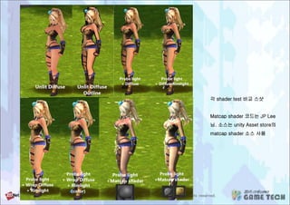 각 shader test 비교 스샷
Matcap shader 코드는 JP Lee
님. 소스는 unity Asset store의
matcap shader 소스 사용
 