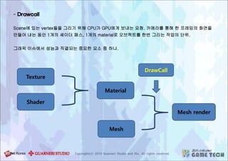 - Drawcall
Scene에 있는 vertex들을 그리기 위해 CPU가 GPU에게 보내는 요청. 카메라를 통해 한 프레임의 화면을
만들어 내는 동안 1개의 셰이더 패스, 1개의 material로 오브젝트를 한번 그리는 작업의 단위.
그래픽 이슈에서 성능과 직결되는 중요한 요소 중 하나.
Texture
Shader
Mesh
Material
Mesh render
DrawCall
 