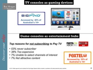 TV consoles as gaming devices




                                                  Accessed by 40% of
                                                    Australian’s 14+




                                                Game consoles as entertainment hubs
Discover your edge




                     Top reasons for not subscribing to Pay TV
                     •   53% never subscriber
                     •   38% Too expensive
                     •   7% Unable to select channels of interest
                     •   7% Not attractive content                                                                                                                        Accessed by 25% of
                                                                                                                                                                            Australian’s 14+


                     © 2011 Written approval must be obtained from Roy Morgan Research before circulation or publication of this data outside the client’s institution.                        30
 