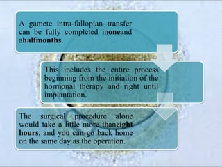 A gamete intra-fallopian transfer
can be fully completed inoneand
ahalfmonths.
This includes the entire process
beginning from the initiation of the
hormonal therapy and right until
implantation.
The surgical procedure alone
would take a little more thaneight
hours, and you can go back home
on the same day as the operation.
 