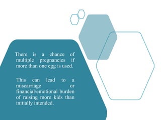 There is a chance of
multiple pregnancies if
more than one egg is used.
This can lead to a
miscarriage or
financial/emotional burden
of raising more kids than
initially intended.
 