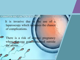 It is invasive due to the use of a
laparoscopy which increases the chance
of complications.
There is a risk of ectopic pregnancy
where the egg gets implanted outside
the uterus.
 