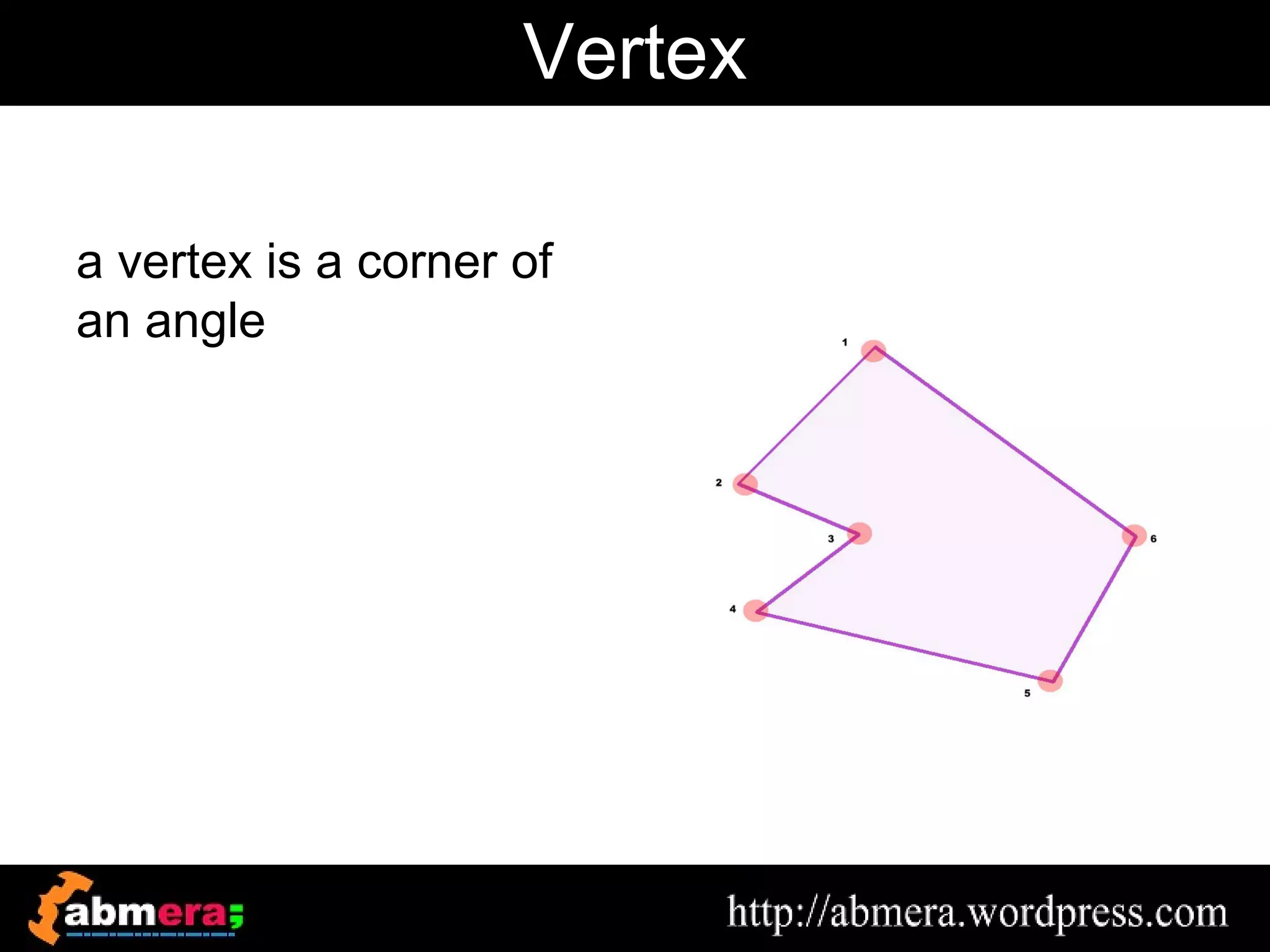 Vertex

a vertex is a corner of
an angle
 