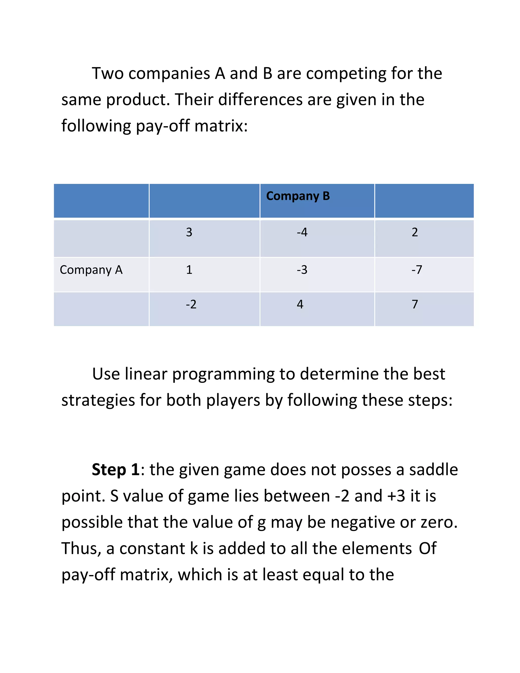 Two companies A and B are competing for the
same product. Their differences are given in the
following pay-off matrix:


                           Company B

                3              -4              2

Company A       1              -3              -7

                -2             4               7




    Use linear programming to determine the best
strategies for both players by following these steps:


    Step 1: the given game does not posses a saddle
point. S value of game lies between -2 and +3 it is
possible that the value of g may be negative or zero.
Thus, a constant k is added to all the elements Of
pay-off matrix, which is at least equal to the
 
