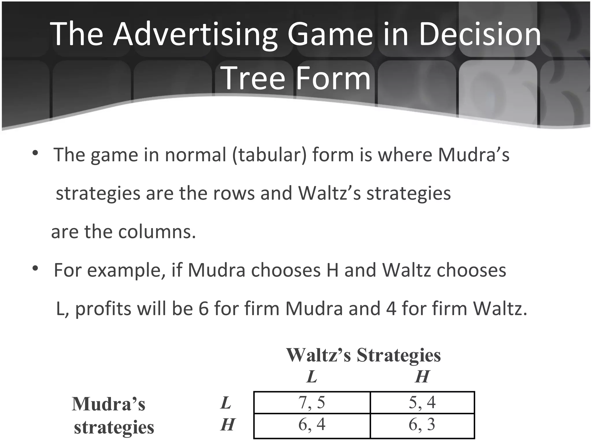 The Advertising Game in Decision Tree Form The game in normal (tabular) form is where Mudra’s strategies are the rows and Waltz’s strategies are the columns. For example, if Mudra chooses H and Waltz chooses L, profits will be 6 for firm Mudra and 4 for firm Waltz. 