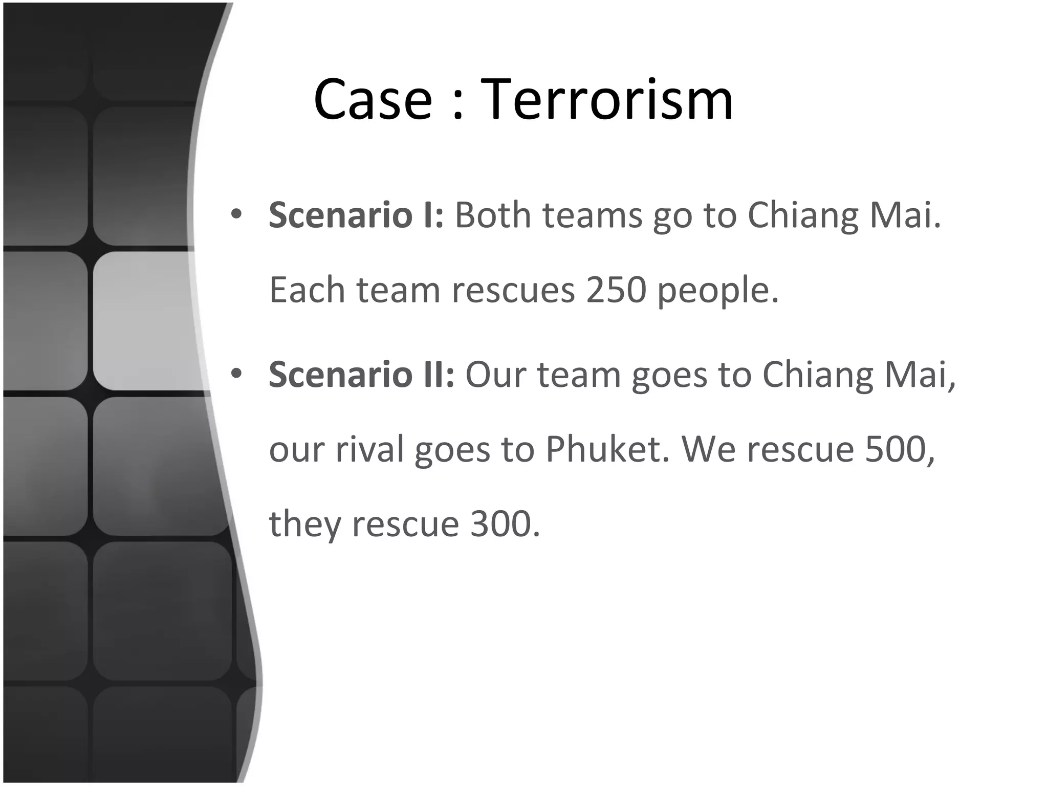 Scenario I:  Both teams go to Chiang Mai. Each team rescues 250 people. Scenario II:  Our team goes to Chiang Mai, our rival goes to Phuket. We rescue 500, they rescue 300. Case : Terrorism 
