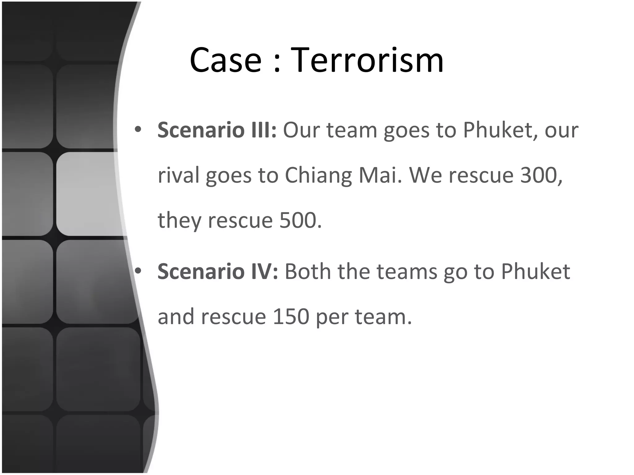 Scenario III:  Our team goes to Phuket, our rival goes to Chiang Mai. We rescue 300, they rescue 500. Scenario IV:  Both the teams go to Phuket and rescue 150 per team. Case : Terrorism 