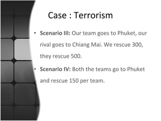 Scenario III:  Our team goes to Phuket, our rival goes to Chiang Mai. We rescue 300, they rescue 500. Scenario IV:  Both the teams go to Phuket and rescue 150 per team. Case : Terrorism 