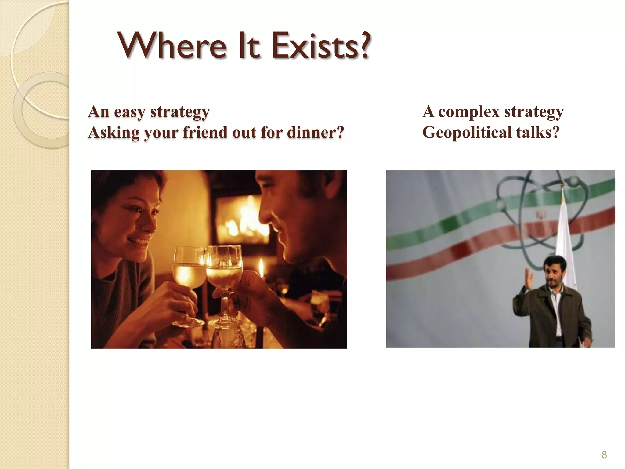 Where It Exists?
An easy strategy                     A complex strategy
Asking your friend out for dinner?   Geopolitical talks?




                                                           8
 