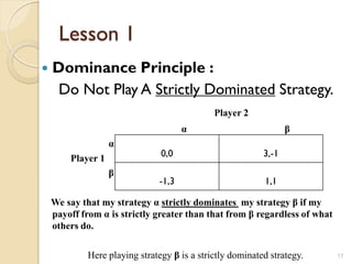 Lesson 1
   Dominance Principle :
     Do Not Play A Strictly Dominated Strategy.
                                              Player 2
                                      α                           β
                   α
                                0,0                        3,-1
        Player 1
                   β
                               -1,3                        1,1

    We say that my strategy α strictly dominates my strategy β if my
    payoff from α is strictly greater than that from β regardless of what
    others do.

             Here playing strategy β is a strictly dominated strategy.      17
 