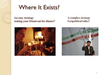 Where It Exists?
An easy strategy                     A complex strategy
Asking your friend out for dinner?   Geopolitical talks?




                                                           8
 