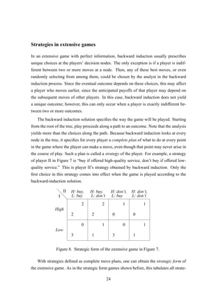 Strategies in extensive games
In an extensive game with perfect information, backward induction usually prescribes
unique choices at the players’ decision nodes. The only exception is if a player is indif-
ferent between two or more moves at a node. Then, any of these best moves, or even
randomly selecting from among them, could be chosen by the analyst in the backward
induction process. Since the eventual outcome depends on these choices, this may affect
a player who moves earlier, since the anticipated payoffs of that player may depend on
the subsequent moves of other players. In this case, backward induction does not yield
a unique outcome; however, this can only occur when a player is exactly indifferent be-
tween two or more outcomes.
The backward induction solution speciﬁes the way the game will be played. Starting
from the root of the tree, play proceeds along a path to an outcome. Note that the analysis
yields more than the choices along the path. Because backward induction looks at every
node in the tree, it speciﬁes for every player a complete plan of what to do at every point
in the game where the player can make a move, even though that point may never arise in
the course of play. Such a plan is called a strategy of the player. For example, a strategy
of player II in Figure 7 is “buy if offered high-quality service, don’t buy if offered low-
quality service.” This is player II’s strategy obtained by backward induction. Only the
ﬁrst choice in this strategy comes into effect when the game is played according to the
backward-induction solution.
d
d
d
2
2
3
0
2
2
1
1
0
1
3
0
0
1
1
1
I
II
High
Low
H: buy,
L: buy
H: buy,
L: don’t
H: don’t,
L: buy
H: don’t,
L: don’t
Figure 8. Strategic form of the extensive game in Figure 7.
With strategies deﬁned as complete move plans, one can obtain the strategic form of
the extensive game. As in the strategic form games shown before, this tabulates all strate-
24
 