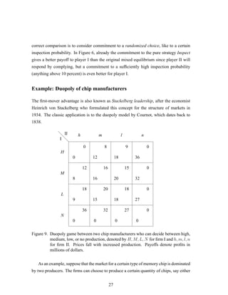 correct comparison is to consider commitment to a randomized choice, like to a certain
inspection probability. In Figure 6, already the commitment to the pure strategy Inspect
gives a better payoff to player I than the original mixed equilibrium since player II will
respond by complying, but a commitment to a sufﬁciently high inspection probability
(anything above 10 percent) is even better for player I.
Example: Duopoly of chip manufacturers
The ﬁrst-mover advantage is also known as Stackelberg leadership, after the economist
Heinrich von Stackelberg who formulated this concept for the structure of markets in
1934. The classic application is to the duopoly model by Cournot, which dates back to
1838.
d
d
d
0
0
8
12
12
8
16
16
18
9
20
15
36
0
32
0
9
18
0
36
15
20
0
32
18
18
0
27
27
0
0
0
I
II
H
M
L
N
h m l n
Figure 9. Duopoly game between two chip manufacturers who can decide between high,
medium, low, or no production, denoted by H, M, L, N for ﬁrm I and h, m, l, n
for ﬁrm II. Prices fall with increased production. Payoffs denote proﬁts in
millions of dollars.
As an example, suppose that the market for a certain type of memory chip is dominated
by two producers. The ﬁrms can choose to produce a certain quantity of chips, say either
27
 