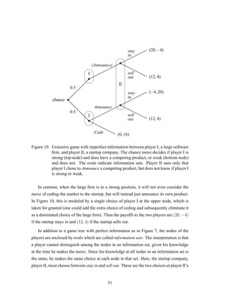 •chance
d
d
d
d
d
d
 
 
 
 
 
 
¨¨
¨¨
¨¨
¨¨¨
0.5
0.5
•
•r
r
r
r
r
rrr
¨
¨¨
¨¨
¨¨
¨¨
(Announce)
Announce
Cede
stay
in
sell
out
stay
in
sell
out
•r
r
r
rrrrr
¨
¨¨¨
¨¨
¨¨
•rr
r
rrr
rr
¨¨
¨
¨
¨¨¨¨ (20, – 4)
(12, 4)
(– 4, 20)
(12, 4)
(0, 16)
I




I




II




Figure 10. Extensive game with imperfect information between player I, a large software
ﬁrm, and player II, a startup company. The chance move decides if player I is
strong (top node) and does have a competing product, or weak (bottom node)
and does not. The ovals indicate information sets. Player II sees only that
player I chose to Announce a competing product, but does not know if player I
is strong or weak.
In contrast, when the large ﬁrm is in a strong position, it will not even consider the
move of ceding the market to the startup, but will instead just announce its own product.
In Figure 10, this is modeled by a single choice of player I at the upper node, which is
taken for granted (one could add the extra choice of ceding and subsequently eliminate it
as a dominated choice of the large ﬁrm). Then the payoffs to the two players are (20, −4)
if the startup stays in and (12, 4) if the startup sells out.
In addition to a game tree with perfect information as in Figure 7, the nodes of the
players are enclosed by ovals which are called information sets. The interpretation is that
a player cannot distinguish among the nodes in an information set, given his knowledge
at the time he makes the move. Since his knowledge at all nodes in an information set is
the same, he makes the same choice at each node in that set. Here, the startup company,
player II, must choose between stay in and sell out. These are the two choices at player II’s
31
 