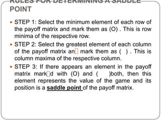 RULES FOR DETERMINING A SADDLE
POINT
 STEP 1: Select the minimum element of each row of
  the payoff matrix and mark them as (O) . This is row
  minima of the respective row.
 STEP 2: Select the greatest element of each column
  of the payoff matrix and mark them as ( ) . This is
  column maxima of the respective column.
 STEP 3: If there appears an element in the payoff
  matrix marked with (O) and (         )both, then this
  element represents the value of the game and its
  position is a saddle point of the payoff matrix.
 
