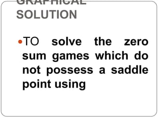 GRAPHICAL
SOLUTION

TO  solve the zero
sum games which do
not possess a saddle
point using
 