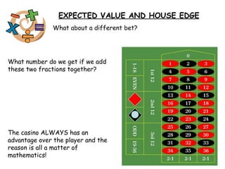 EXPECTED VALUE AND HOUSE EDGE What number do we get if we add these two fractions together? The casino ALWAYS has an advantage over the player and the reason is all a matter of mathematics! What about a different bet? 