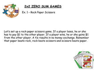2x2 ZERO SUM GAMES Ex. 1 – Rock Paper Scissors  Let’s set up a rock paper scissors game. If a player loses, he or she has to pay $1 to the other player. If a player wins, he or she gains $1 from the other player. A tie results in no money exchange. Remember that paper beats rock, rock beats scissors and scissors beats paper. 