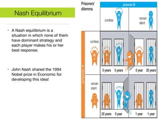 Nash Equilibrium
• A Nash equilibrium is a
situation in which none of them
have dominant strategy and
each player makes his or her
best response. 

• John Nash shared the 1994
Nobel prize in Economic for
developing this idea!
 