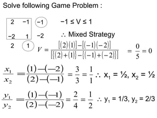 2 −1
−2 1
2 1
Solve following Game Problem :
−1
−2
−1 ≤ V ≤ 1
∴ Mixed Strategy
( )( )[ ] ( )( )[ ]
( ) ( ){ } ( ) ( ){ }[ ]2112
2112
−+−−+
−−−
=V
( ) ( )
( ) ( )12
21
2
1
−−
−−
=
x
x
( ) ( )
( ) ( )22
11
2
1
−−
−−
=
y
y
0
5
0
==
1
1
3
3
== ∴ x1 = ½, x2 = ½
2
1
4
2
== ∴ y1 = 1/3, y2 = 2/3
 
