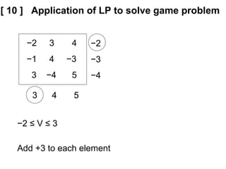 [ 10 ] Application of LP to solve game problem
−2 3 4
−1 4 −3
3 −4 5
3 4 5
−2
−3
−4
−2 ≤ V ≤ 3
Add +3 to each element
 