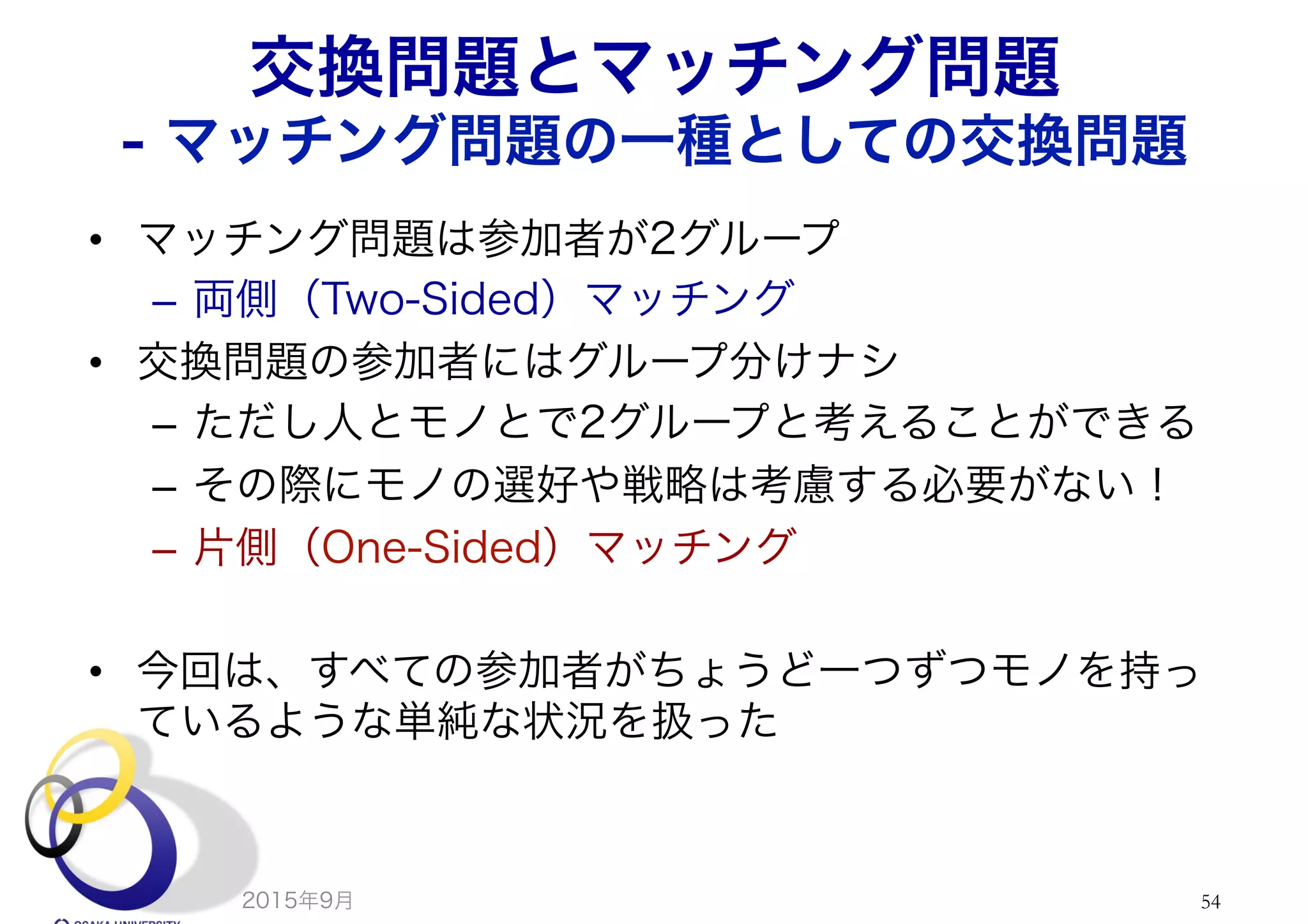交換問題とマッチング問題
- マッチング問題の一種としての交換問題
•  マッチング問題は参加者が2グループ
–  両側（Two-Sided）マッチング
•  交換問題の参加者にはグループ分けナシ
–  ただし人とモノとで2グループと考えることができる
–  その際にモノの選好や戦略は考慮する必要がない！
–  片側（One-Sided）マッチング
•  今回は、すべての参加者がちょうど一つずつモノを持っ
ているような単純な状況を扱った
2015年9月 54
 