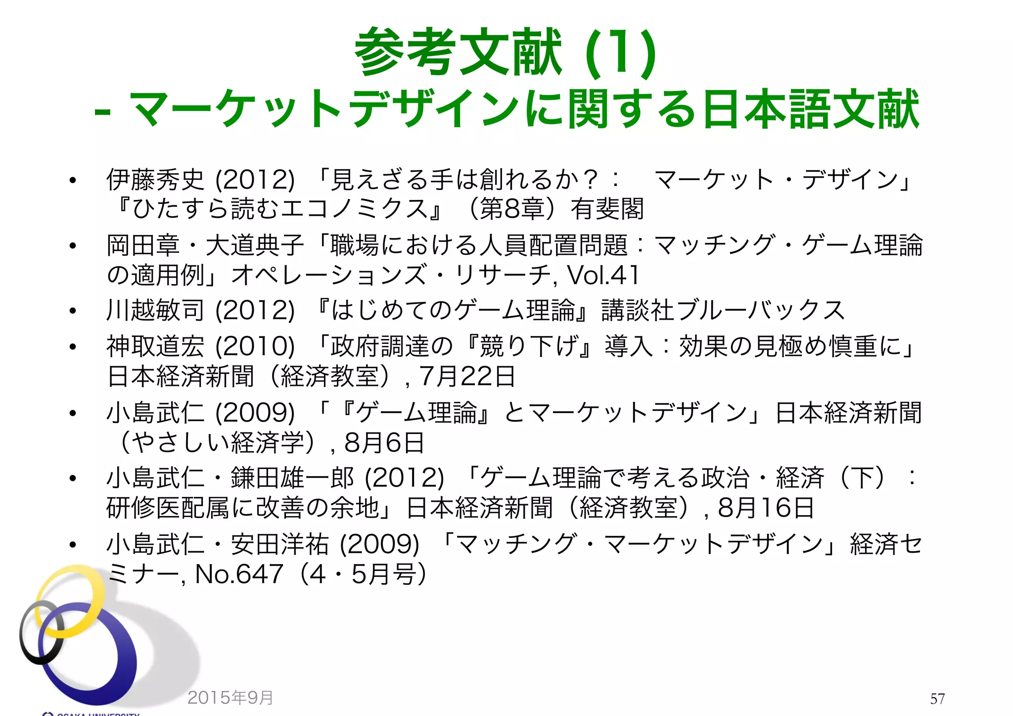 参考文献 (1)
- マーケットデザインに関する日本語文献
•  伊藤秀史 (2012) 「見えざる手は創れるか？： マーケット・デザイン」
『ひたすら読むエコノミクス』（第8章）有斐閣
•  岡田章・大道典子「職場における人員配置問題：マッチング・ゲーム理論
の適用例」オペレーションズ・リサーチ, Vol.41
•  川越敏司 (2012) 『はじめてのゲーム理論』講談社ブルーバックス
•  神取道宏 (2010) 「政府調達の『競り下げ』導入：効果の見極め慎重に」
日本経済新聞（経済教室）, 7月22日
•  小島武仁 (2009) 「『ゲーム理論』とマーケットデザイン」日本経済新聞
（やさしい経済学）, 8月6日
•  小島武仁・鎌田雄一郎 (2012) 「ゲーム理論で考える政治・経済（下）：
研修医配属に改善の余地」日本経済新聞（経済教室）, 8月16日
•  小島武仁・安田洋祐 (2009) 「マッチング・マーケットデザイン」経済セ
ミナー, No.647（4・5月号）
2015年9月 57
 