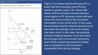 Figure 14.2 shows that the limit price PL is
lower than the monopoly price PM and
results in greater output, QL versus QM.
Notice that the entrant's residual demand
curve begins at PL because market demand
minus the amount sold by the incumbent
monopolist is zero at this point. In this case,
the potential entrant's residual demand curve
lies below the average cost curve at each
and every point. In this case, the potential
entrant's residual demand curve lies below
the average cost curve at each and every
point. Entry would bring economic losses
and is precluded by the incumbent
monopolist's limit pricing strategy.
 