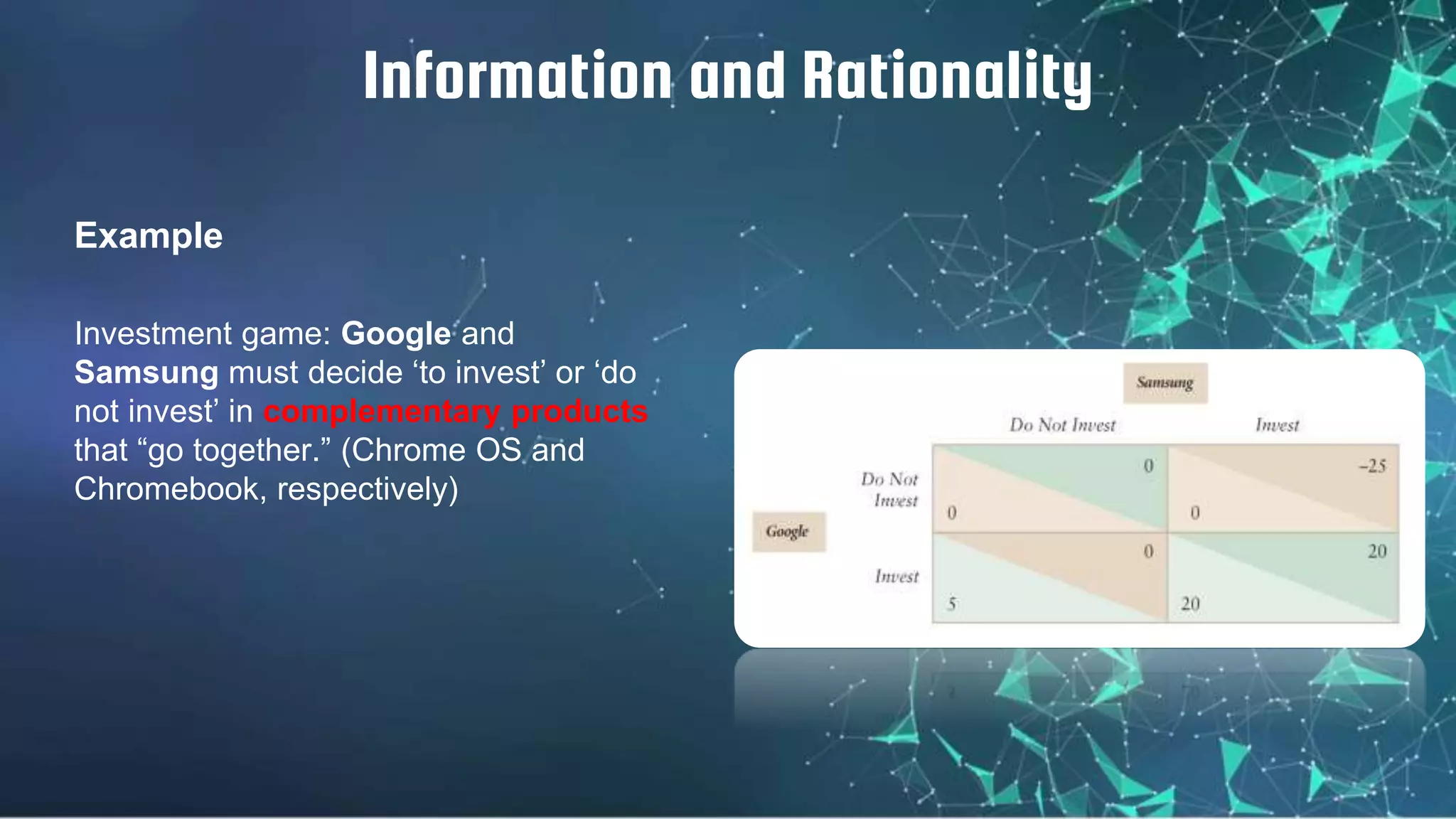 Example
Information and Rationality
Investment game: Google and
Samsung must decide ‘to invest’ or ‘do
not invest’ in complementary products
that “go together.” (Chrome OS and
Chromebook, respectively)
 