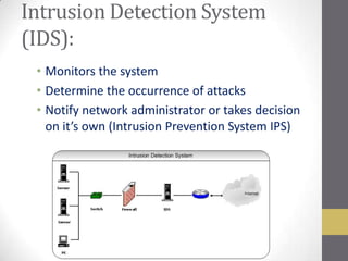 Intrusion Detection System
(IDS):
 • Monitors the system
 • Determine the occurrence of attacks
 • Notify network administrator or takes decision
   on it’s own (Intrusion Prevention System IPS)
 