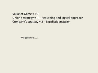 Value of Game = 10
Union’s strategy = II – Reasoning and logical approach
Company’s strategy = 3 – Legalistic strategy
Will continue.......
 