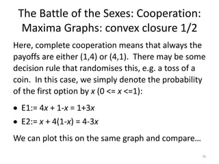 The Battle of the Sexes: Equilibria (Gambit)Gambit can calculate the equilibria and gives 3 of them:Two of the three are indicating cooperation66