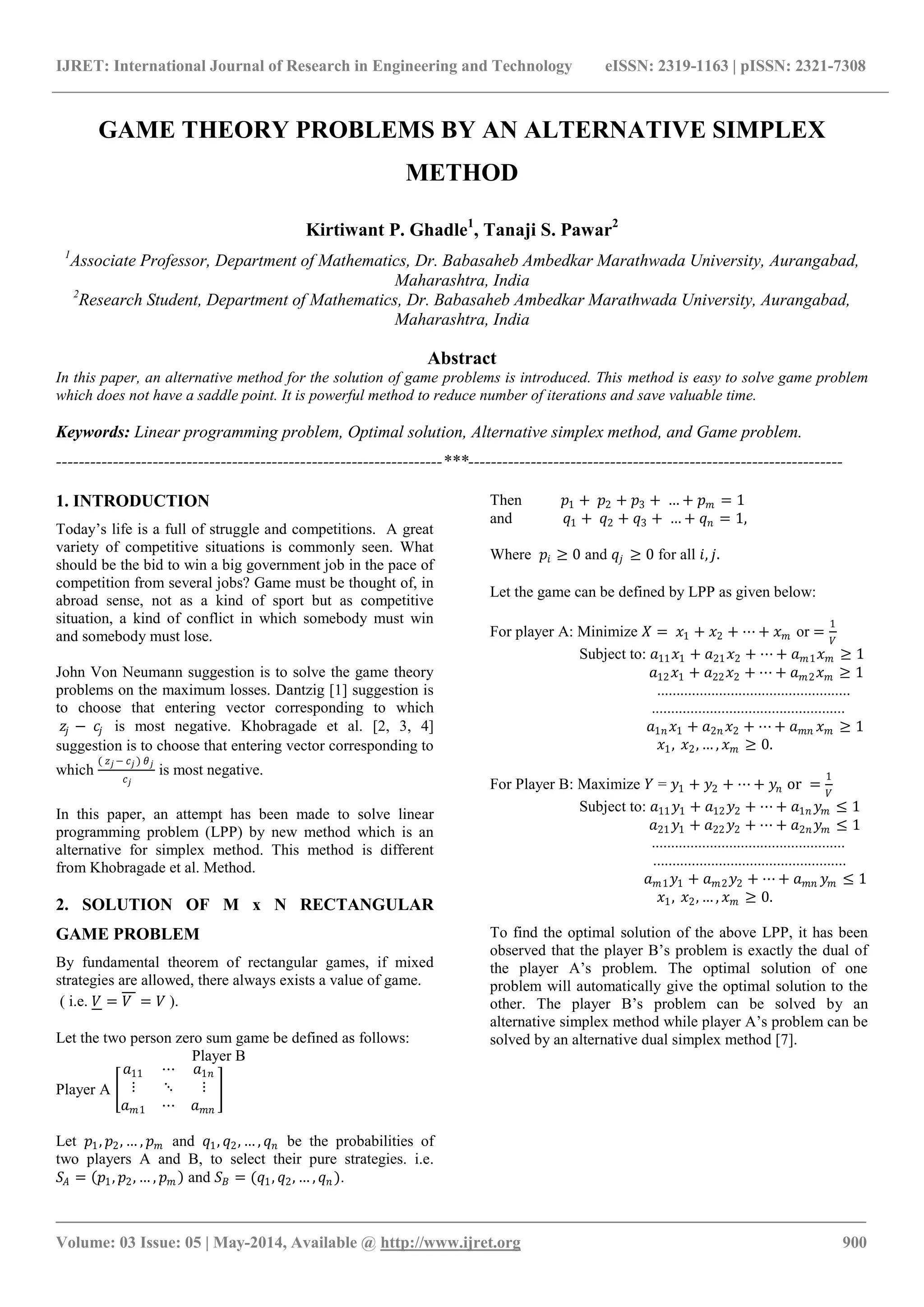 Game theory problems by an alternative simplex method | PDF